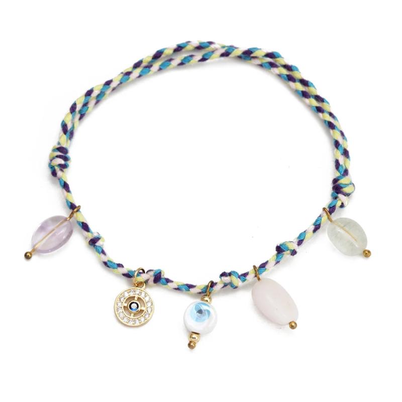 Stone Bead Copper Evil Eye Tassel Bracelet Adjustable Braided Rope Bracelet