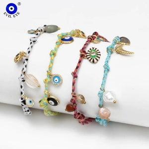 Stone Bead Copper Evil Eye Tassel Bracelet Adjustable Braided Rope Bracelet