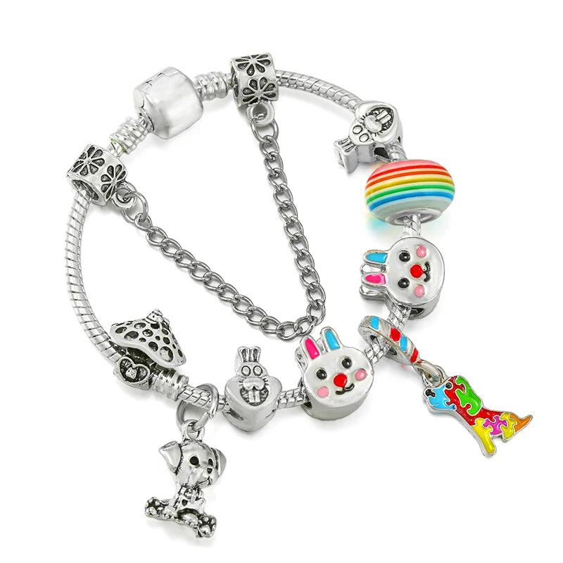 Colorful Rabbit Bead Dog Pendant Charm Bracelet - Snake Chain Girl Jewelry