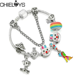 Colorful Rabbit Bead Dog Pendant Charm Bracelet - Snake Chain Girl Jewelry