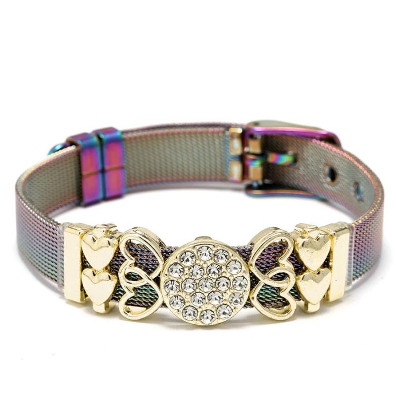Rose Crystal Mesh Bracelet with Double Heart Charm