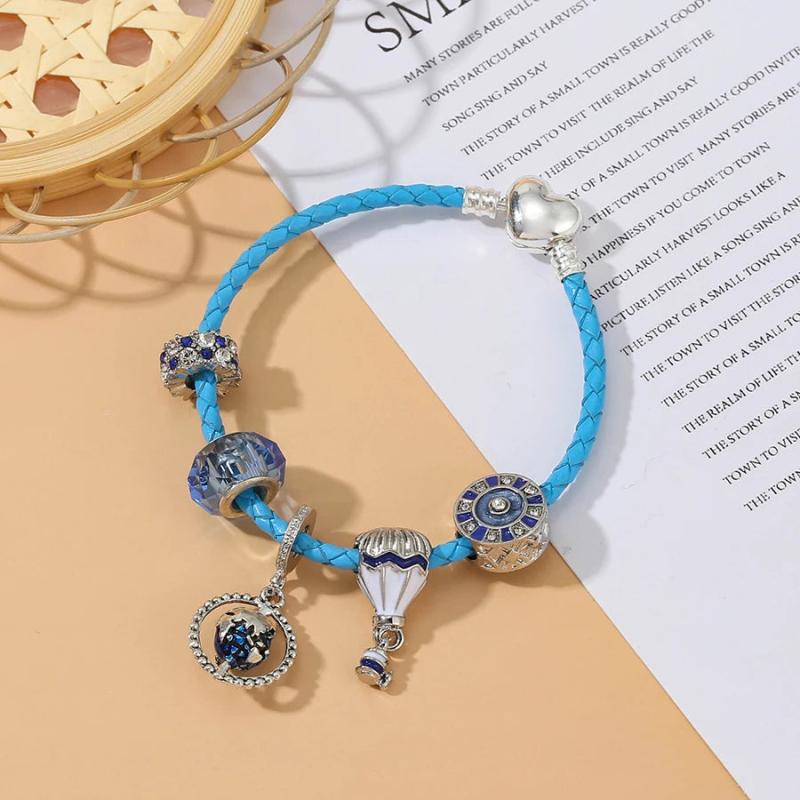Summer Ocean Hot Air Balloon Charm Leather Bracelet Earth Pendant