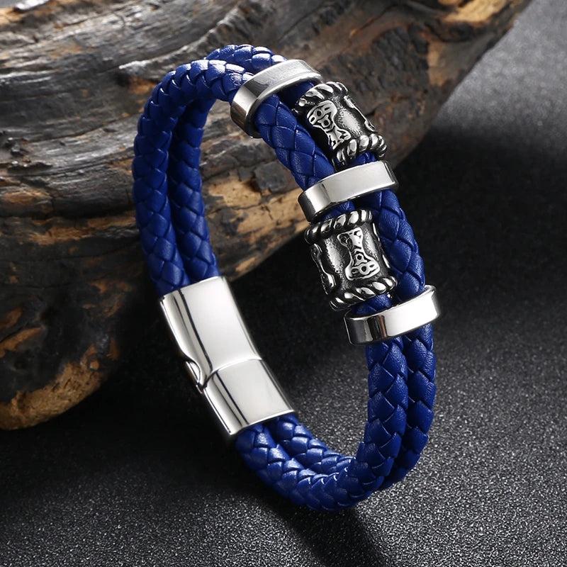 Punk Men Twin Ropes Bracelet Stainless Steel Beaded Button Neutral Accessories