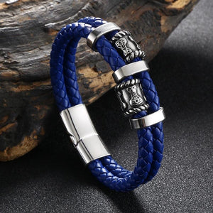 Punk Men Twin Ropes Bracelet Stainless Steel Beaded Button Neutral Accessories