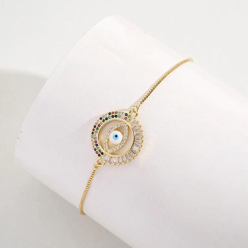 18K Plated Greek Eye Evil Hamsa Bracelet Adjustable Rainbow Chains