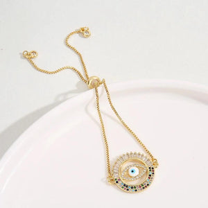 18K Plated Greek Eye Evil Hamsa Bracelet Adjustable Rainbow Chains