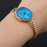 Natural Stone Pendant Bracelet Healing Druse Geode Agate Golden Alloy Beads