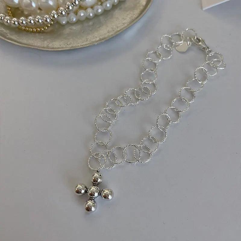 Origin Summer Minimalist Silver Round Bead Cross Charm Bracelet for Women