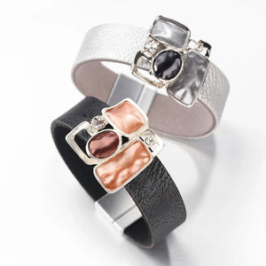 Vintage Geometric Metal Leather Bracelet for Women Bohemian Silver Wrap