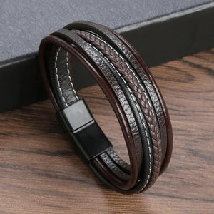 Braided Rope Leather Men Bracelet Stainless Steel Bangle
