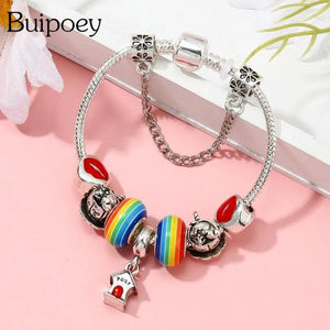 Red Charm Bracelet for Women with Rainbow Beads, Jewelry Gift
