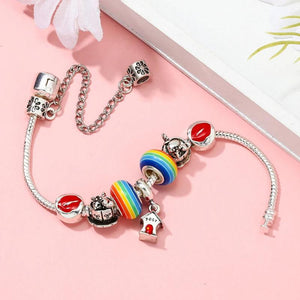 Red Charm Bracelet for Women with Rainbow Beads, Jewelry Gift