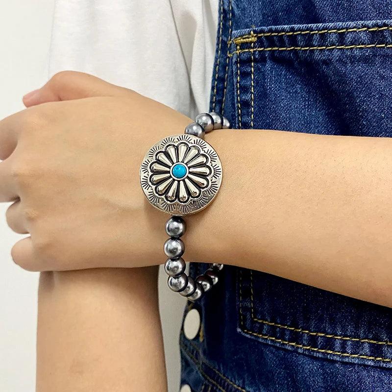 Turquoise Concho Feather Cross Western Beaded Bracelet