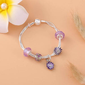 Purple Daisy Charm Bracelet Crystal Beads Snake Chain Jewelry