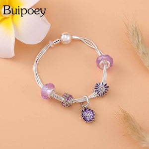 Purple Daisy Charm Bracelet Crystal Beads Snake Chain Jewelry