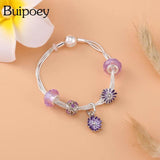 Purple Daisy Charm Bracelet Crystal Beads Snake Chain Jewelry