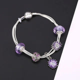 Purple Daisy Charm Bracelet Crystal Beads Snake Chain Jewelry