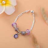 Purple Daisy Charm Bracelet Crystal Beads Snake Chain Jewelry