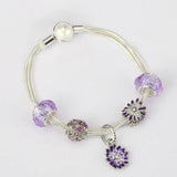 Purple Daisy Charm Bracelet Crystal Beads Snake Chain Jewelry