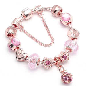 Vintage Rose Charm Bracelet with Flower Pendant & Crystal Ball
