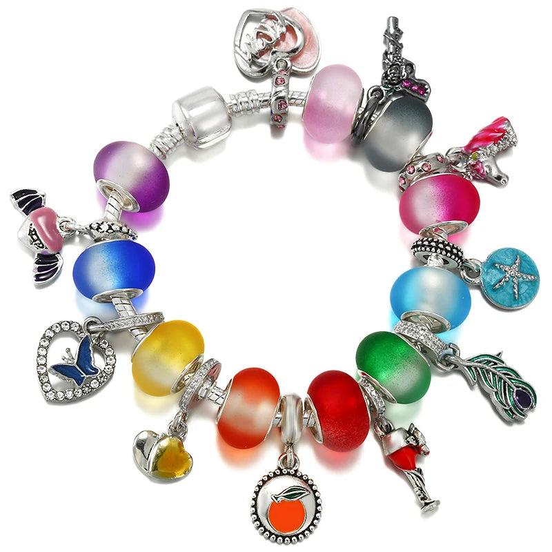 Silver Plated Snake Chain Charm Bracelets for Women with Colour Bead Pendant
