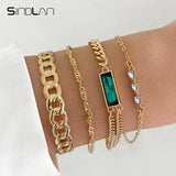Vintage Green Crystal Charms Bracelet Set Double Layer Chains