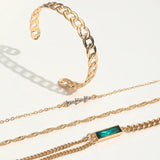 Vintage Green Crystal Charms Bracelet Set Double Layer Chains