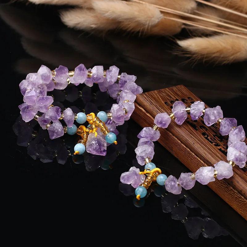 Purple Crystal Raw Elastic Bracelet - Calcite Quartz Healing