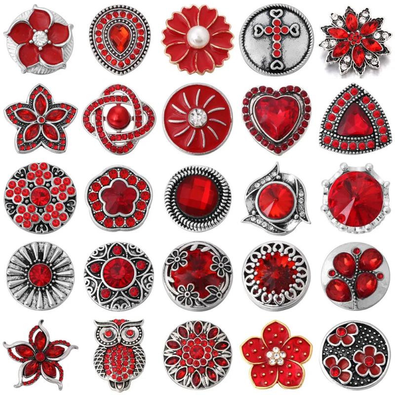 6pcs Red Rhinestone Flower Snap Buttons for 18mm Bracelets DIY Jewelry