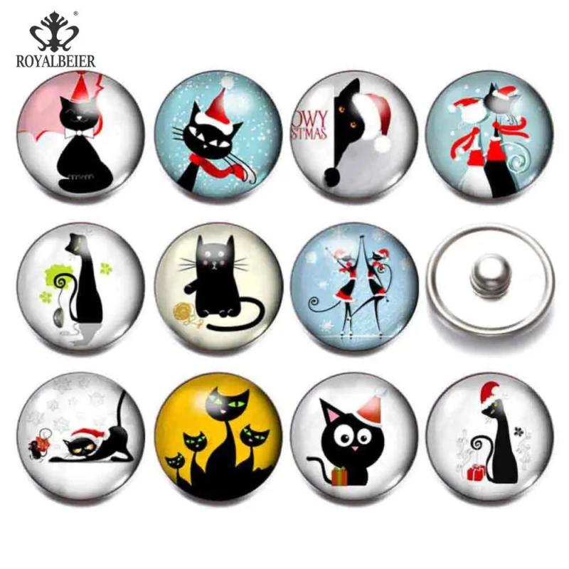 12pcs Cartoon Cats Snap Buttons Glass Jewelry for Bracelet & Necklace KZ0179