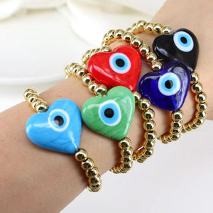 Heart Lampwork Glass Bracelet Evil Eye Charm Beaded Bracelet
