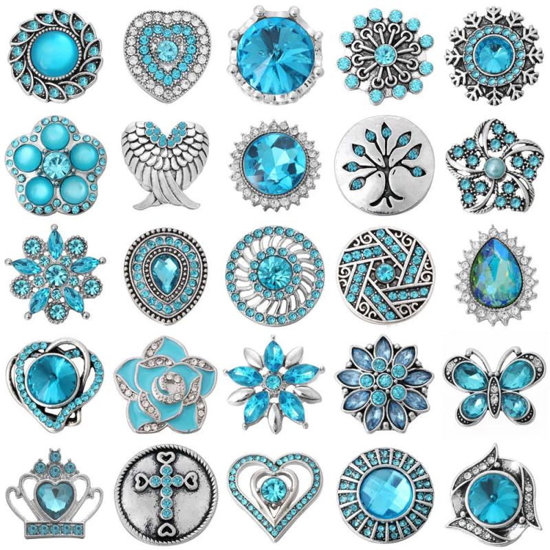 6pcs/lot Sky Rhinestone Flower Snap Buttons 18mm Bracelet DIY Jewelry