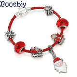 Christmas Charm Bracelet Red Leather Cord Snowman Pendants