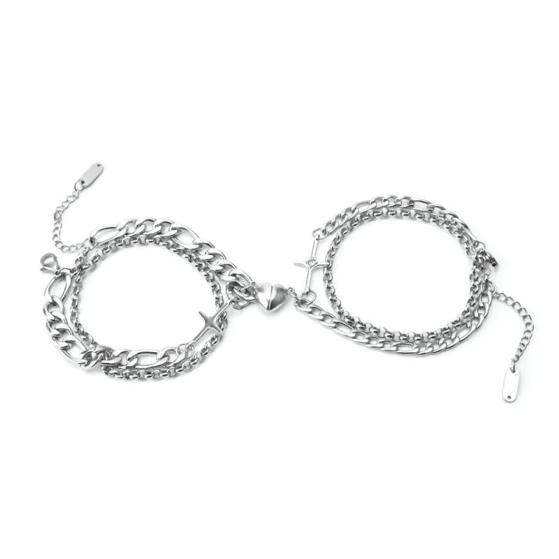 Crystal Inlaid Stainless Steel Couple Bracelet Set