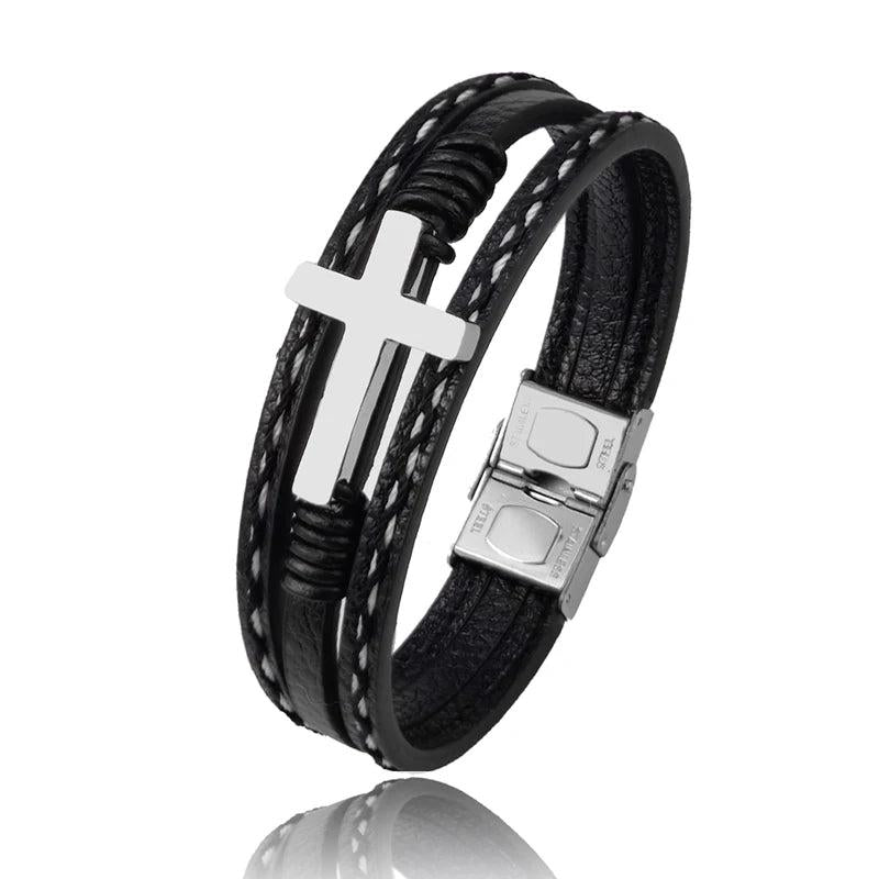MingAo Stainless Steel Beads Cross Bracelet Men's Jewelry