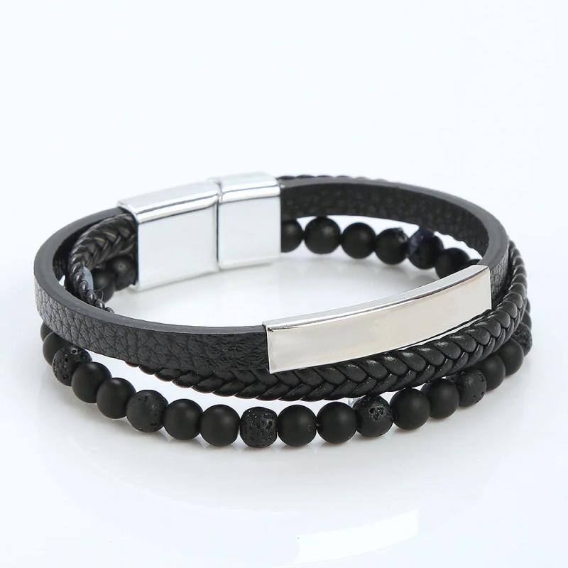 Stainless Steel Leather Bracelet Stone Bead Men's Jewelry