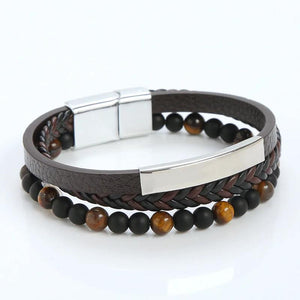 Stainless Steel Leather Bracelet Stone Bead Men's Jewelry