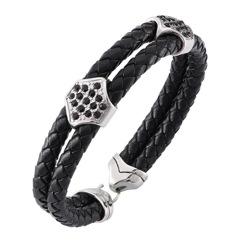Unisex Leather Rope Bracelet with Zircon, Stainless Steel Buckle