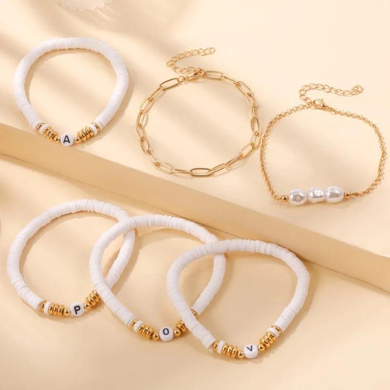 Asymmetric Soft Pottery Letter Chain Pearl Bracelet Set