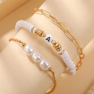 Asymmetric Soft Pottery Letter Chain Pearl Bracelet Set