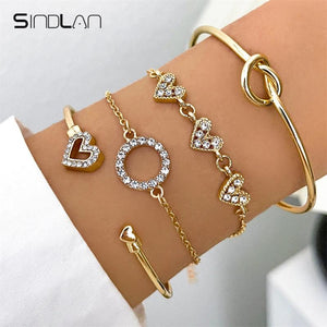 Sindlan Crystal Heart Bracelet Set for Women - Vintage Geometric Bangles