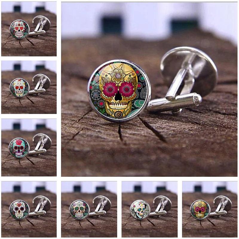 Mexican Sugar Skull Cufflinks for Men Skeleton Wedding Jewelry