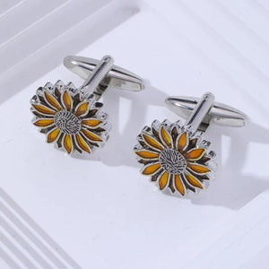 Funny Flower Pair Cufflinks Novelty Yellow Sunflower Orange Plant Cuff Links