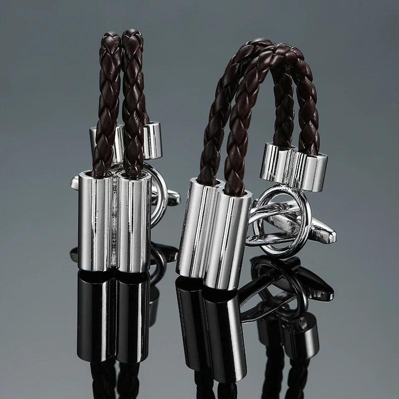 Brass Double Brown Leather Rope Cufflinks Men's French Shirt Cufflinks