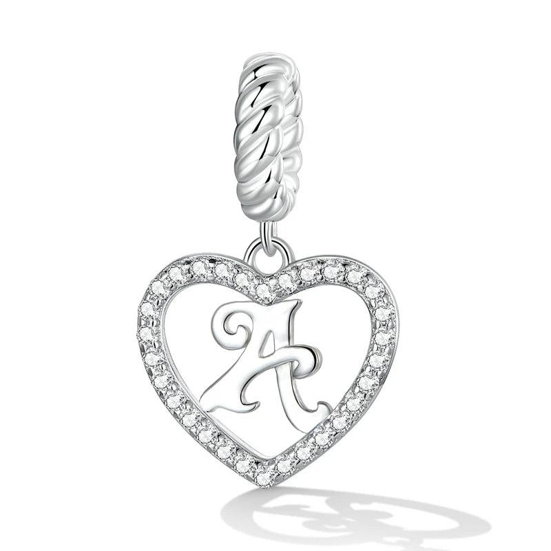 925 Silver Heart Pendant Letter A Platinum Plated Charm Women DIY Jewelry