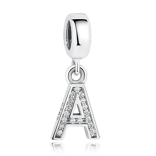925 Sterling Silver A to Clear CZ 26 Letter Charm Beads