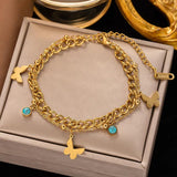 Green Stone Charm Bracelet for Women, 2-Layer Stainless Steel Wrist Jewelry