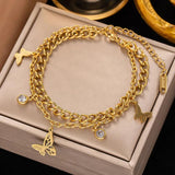Green Stone Charm Bracelet for Women, 2-Layer Stainless Steel Wrist Jewelry