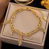 Green Stone Charm Bracelet for Women, 2-Layer Stainless Steel Wrist Jewelry