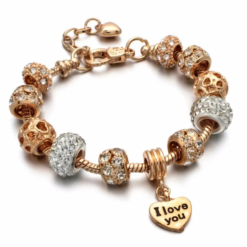 Gold Charm Bangle w/ Shell & Heart Charm Bracelet
